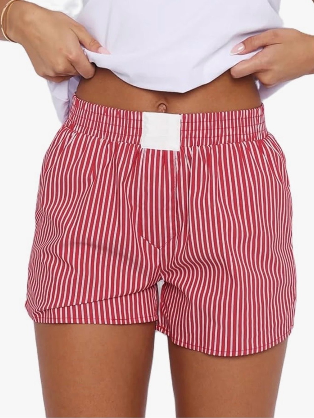 Striped Red Women's Casual Elastic-Waist Shorts